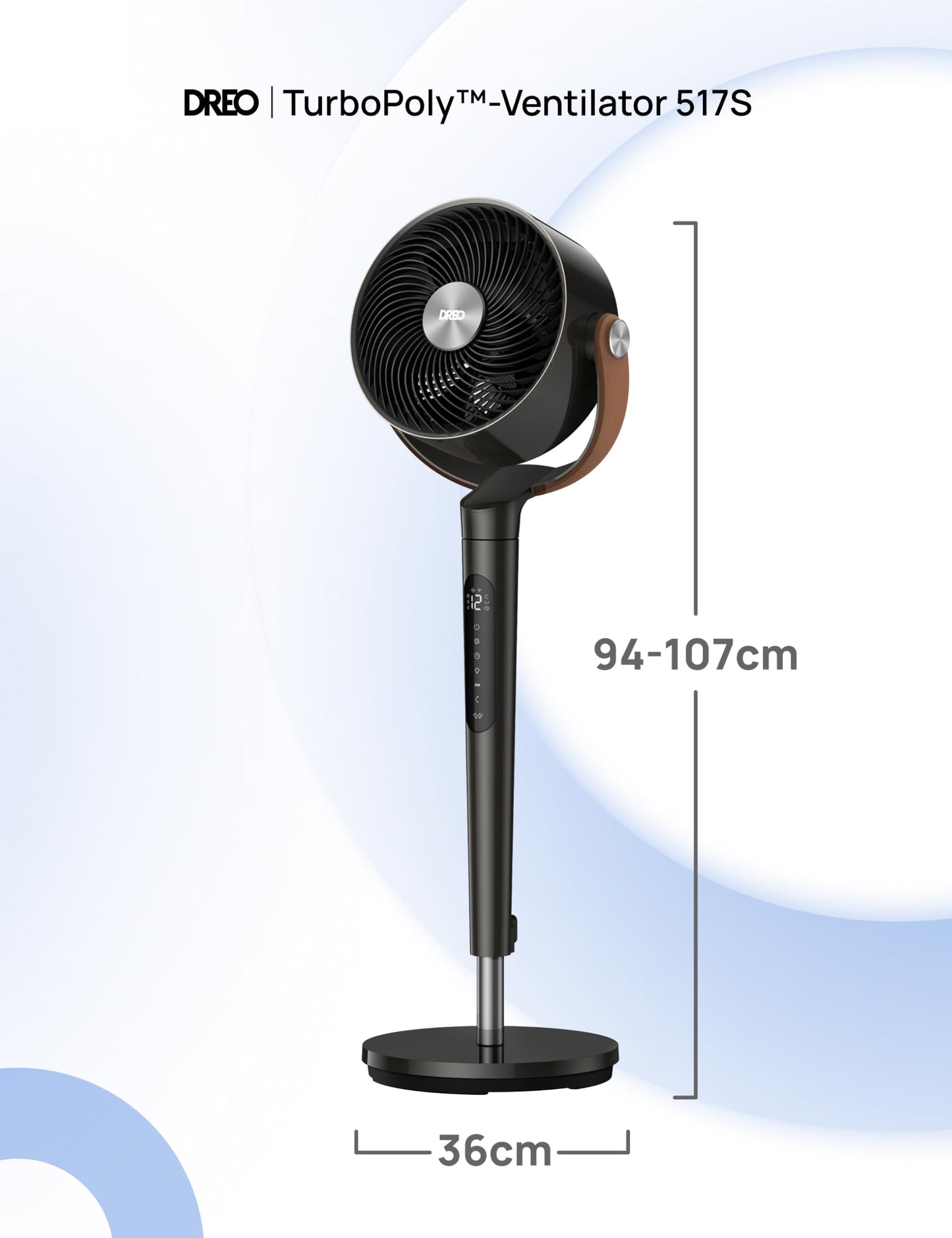 DREO 20dB quiet smart pedestal fan for bedrooms with RGB LED, 150°+120° oscillation, 30m air circulation fan and 2209m³/h air volume, 12 speeds, 6 modes, 94-107cm height, WiFi & Alexa - DR-HAF003S