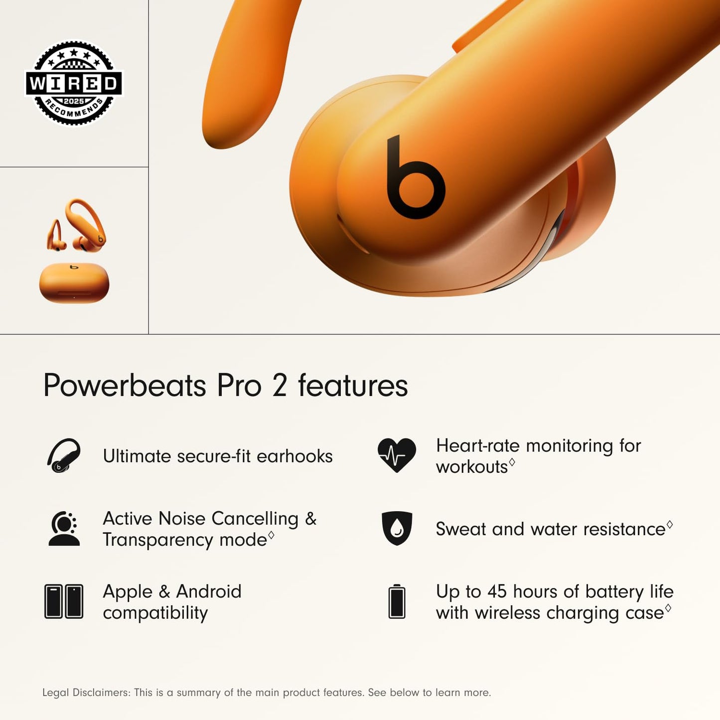 Beats Powerbeats Pro 2 wireless in-ear headphones with Bluetooth - active noise cancellation, heart rate measurement, IPX4, up to 45H with charging case, compatible with Apple & Android - bright orange - MX743ZM/A