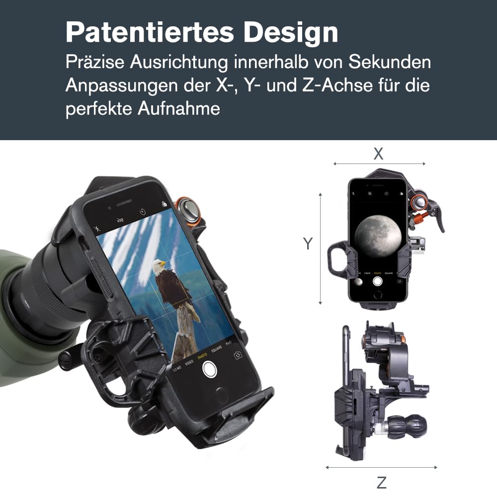 Celestron 81055 NexYZ 3-Axis Universal Smartphone Adapter, Patented Design - Works with Telescopes, Spotting Scopes, Binoculars, Monoculars and Microscopes, Black - CE-AANYZ-81055