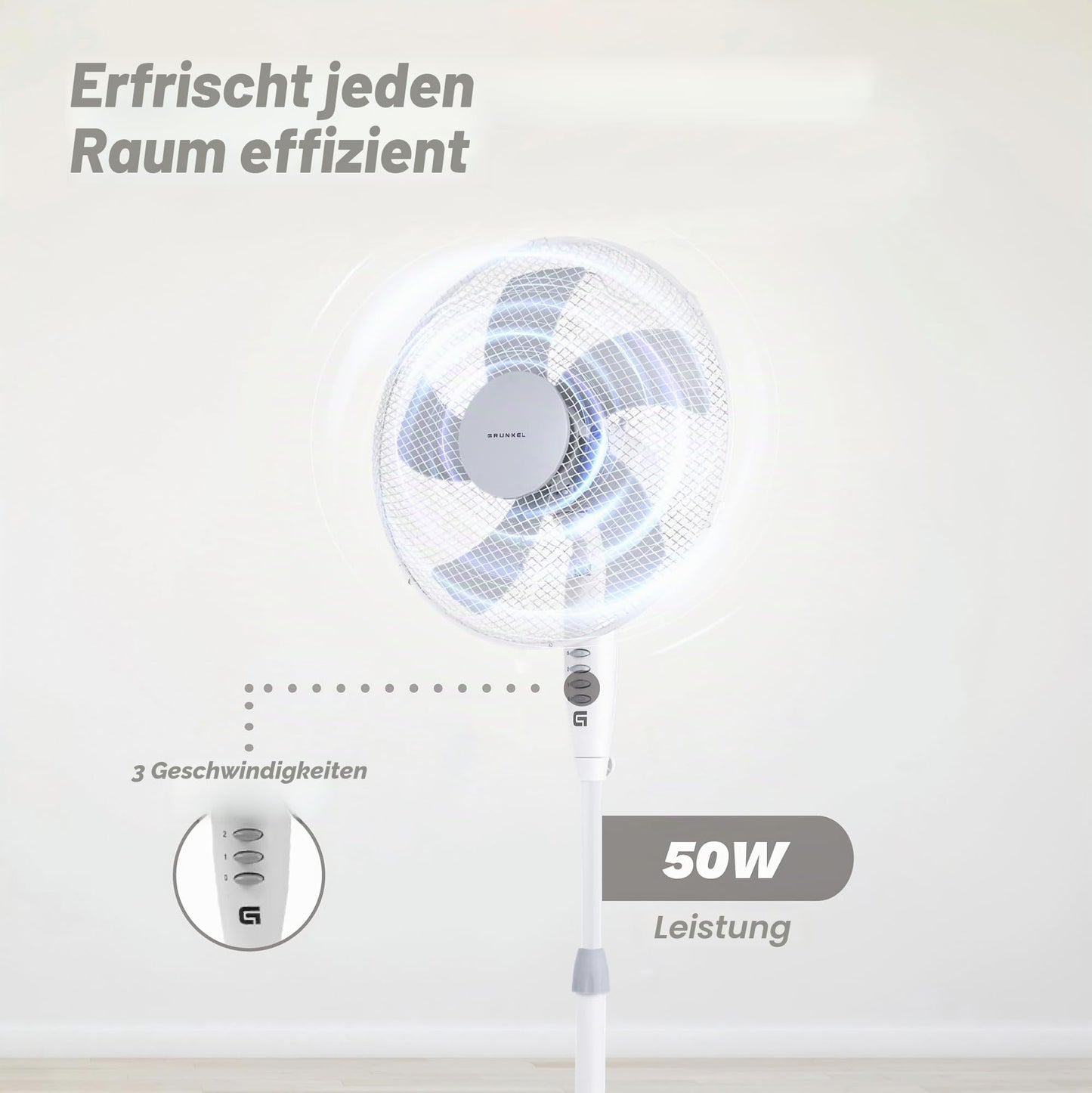 Grunkel - 16" pedestal fan with 3 speed levels and height adjustment - FAN-G165X - leaf base with 62 cm diameter and 3 semi-transparent blades - 50 W - white - FAN-165XNG