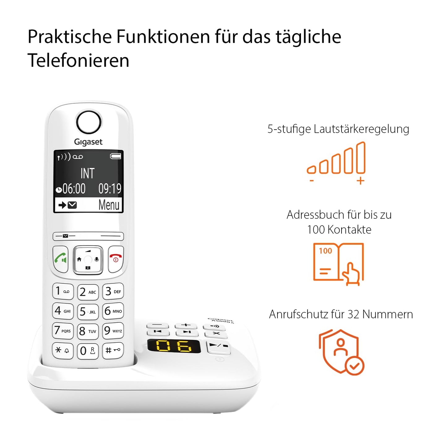 Gigaset AS690A - Cordless DECT telephone with answering machine - large, high-contrast display, adjustable sound profiles - hands-free function - call protection, white [German version] - AS690A,
