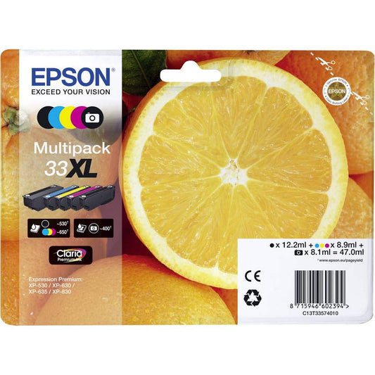 Epson Original Orange Claria 33XL Multipack extra large ink cartridge – 5 colors: cartridges: Black, Cyan, Magenta, Photo Black, Yellow – 1 x 12.2 ml, 3 x 8.9 ml, 1 x 8.1 ml - C13T33574011