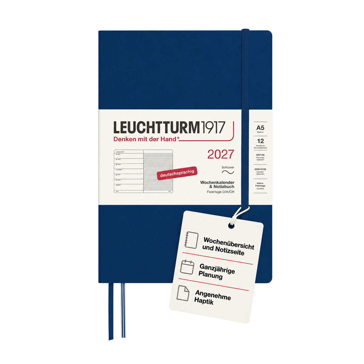 LEUCHTTURM1917 calendar săptămânal 2027 mediu (A5) cu caiet - planificator de întâlniri germană, marină, copertă moale, ianuarie-decembrie 2027, prezentare săptămânală în stânga + pagina de note în dreapta - 400075