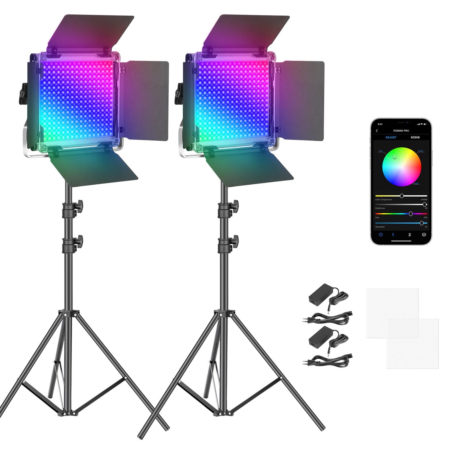 NEEWER 2 x 660 PRO RGB LED video light panel with tripod stand set app control 360° full color video light 50W dimmable 3200~5600K CRI97+ studio continuous light gaming/streaming/zoom/YTB/Webex/photography - 10098759