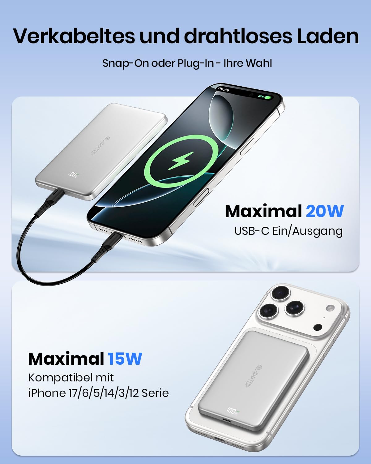 A ADDTOP Ultra Slim Power Bank for iPhone 5000mAh 20W Magnetic PowerBank - C51PW