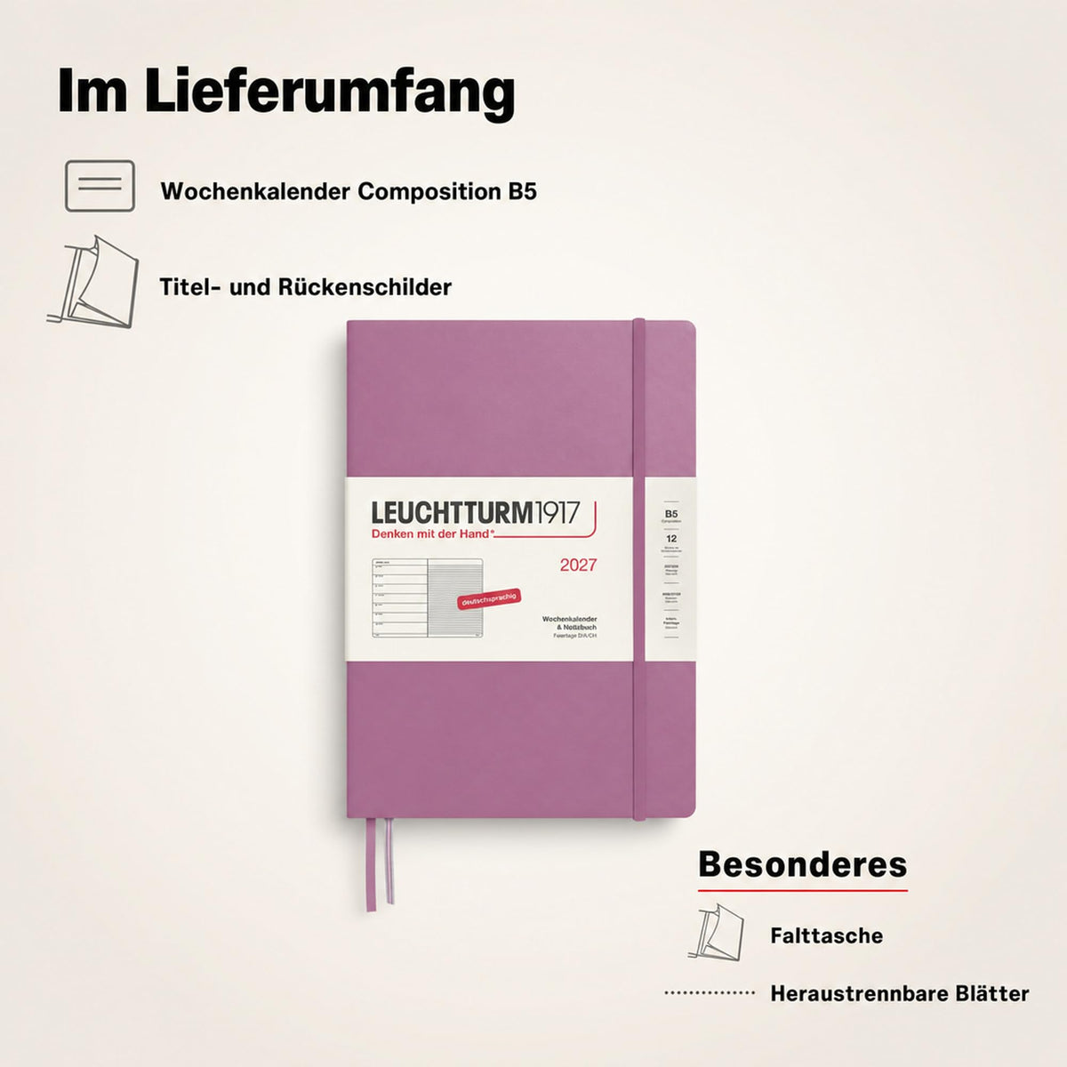 LEUCHTTURM1917 calendar săptămânal 2027 Compoziție (B5) cu caiet - planificator german de întâlniri, Dusty Rose, ianuarie-decembrie 2027, prezentare săptămânală în stânga + pagina de note în dreapta - 400039