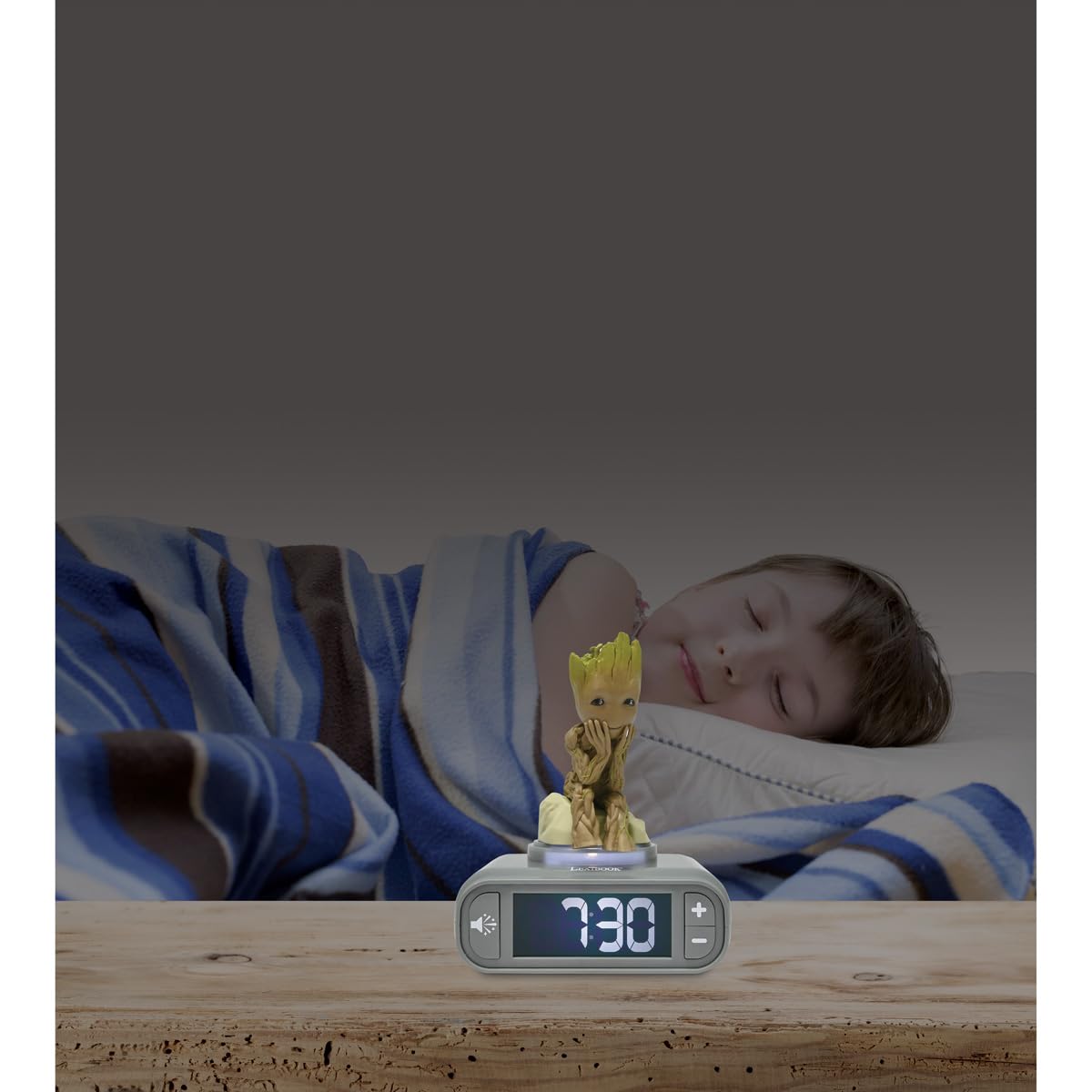 Lexibook, Marvel Guardians of the Galaxy, Groot Night Light Alarm Clock, Sounds and Melodies, Backlit LCD Screen, Illuminated, Snooze, Grey/Brown, RL800GG