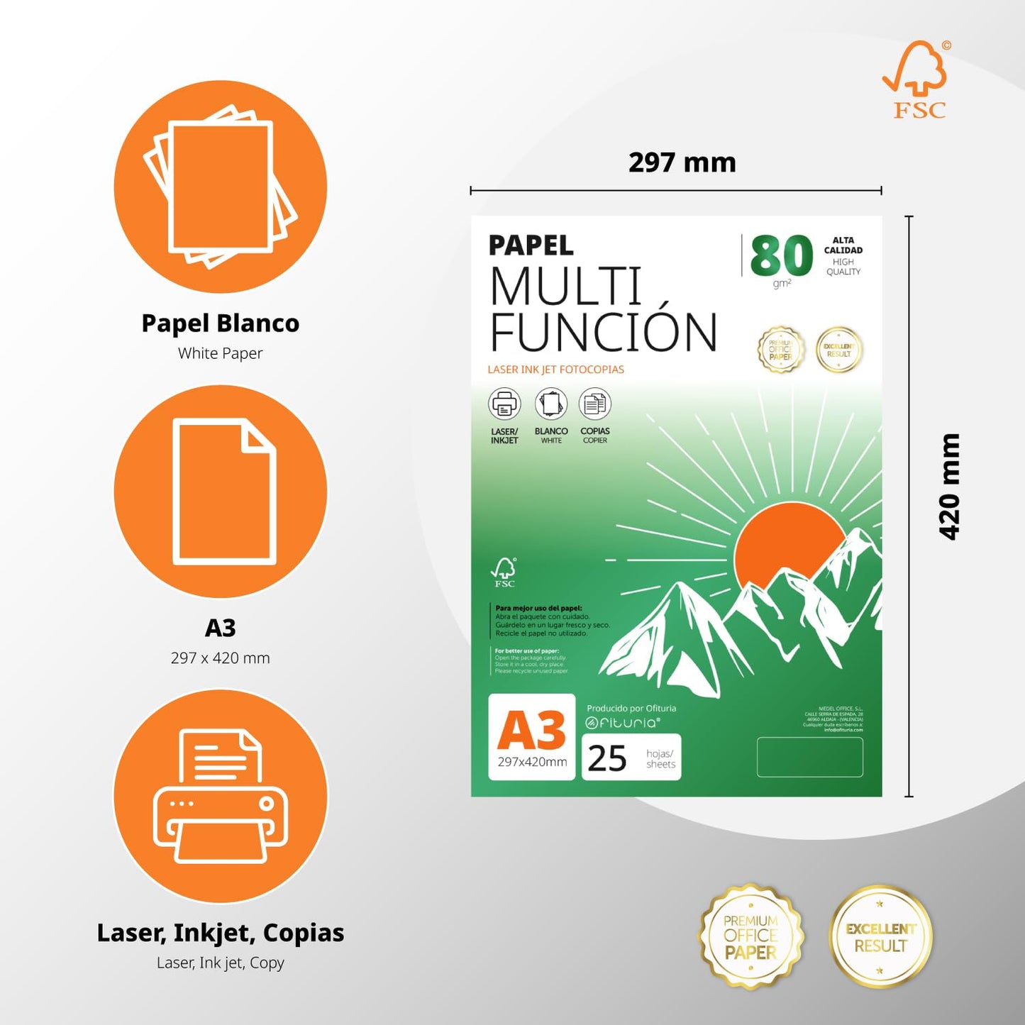 A3 Paper 80g 400 Sheets, Multifunctional Paper for Printers, Paper for Projects, Illustration, Lettering, Professional Creative Projects, A3 Office Paper, School Supplies - Ofituria (80g, 400 Sheets) - COM0574