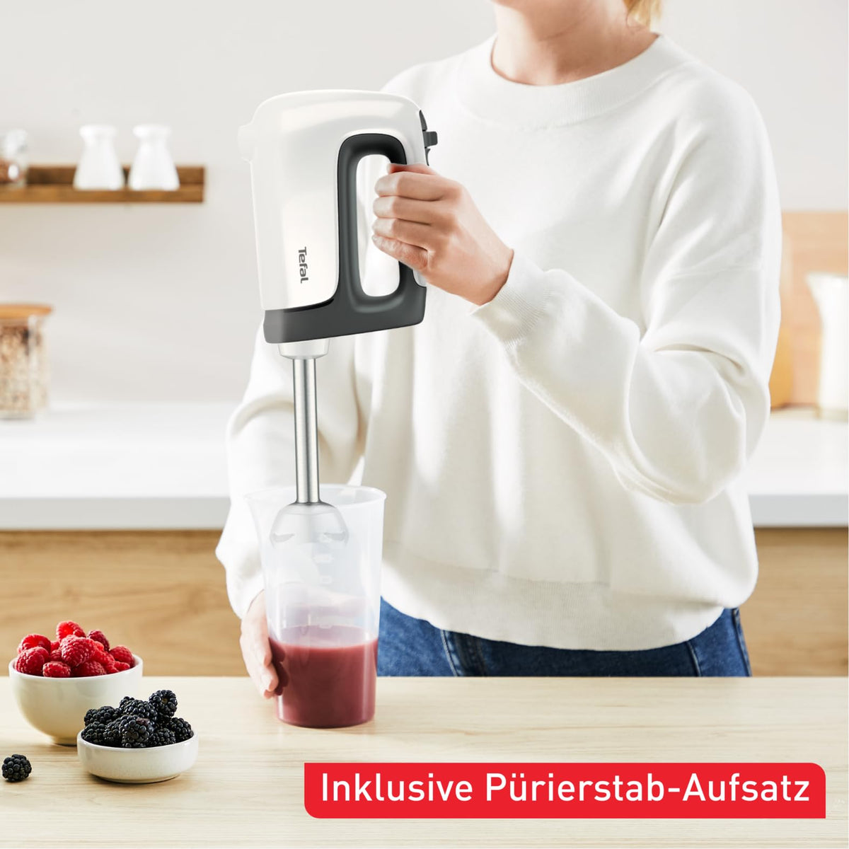 Tefal Prep'Mix + Handmixer cu blender, ideal pentru preparate ușoare și consistente, motor puternic de 500 W, 5 viteze, funcție turbo, accesoriu pentru blender, alb/gri, HT462138