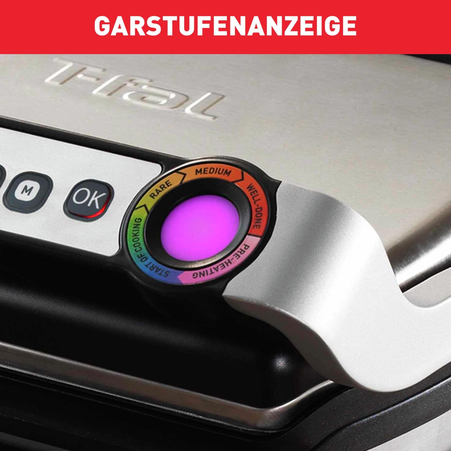 Tefal OptiGrill contact grill - electric grill with 6 automatic programs, cooking level display and automatic temperature adjustment, defrosting and manual mode, removable non-stick coated plates - GC705D