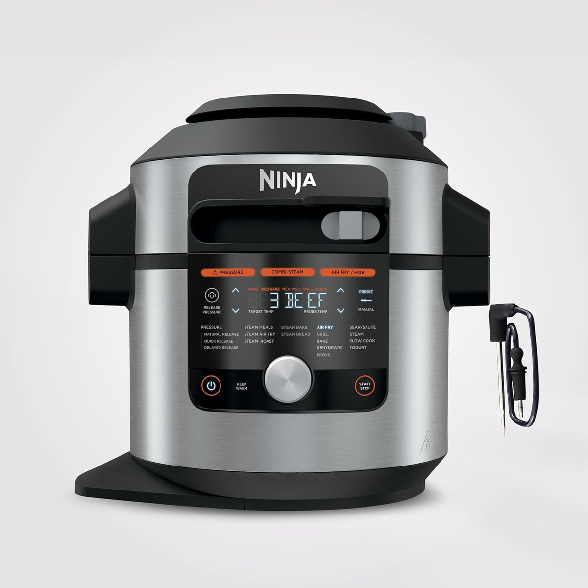 Ninja Foodi MAX Multicooker with Smart Lid, 7.5L, 14-in-1 Multicooker, Pressure Cooker, Air Fryer, Slow Cooker, digital temperature probe, stainless steel, OL750EU