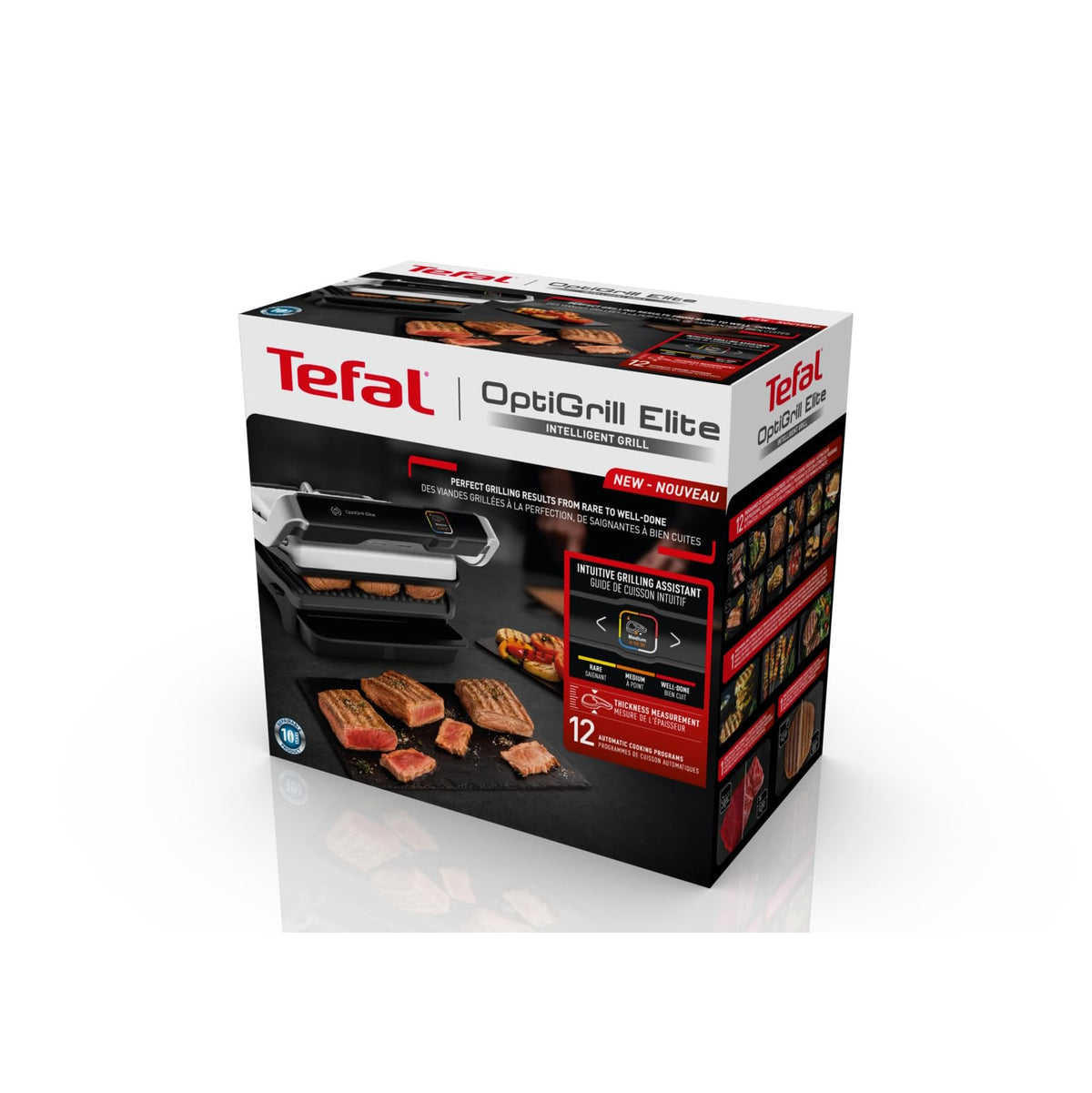 Tefal OptiGrill Elite Grill de contact, 12 programe de grătar electrice automate, display digital cu indicator de nivel de gătire, plăci detașabile, grătar electric, oțel inoxidabil, GC750D16