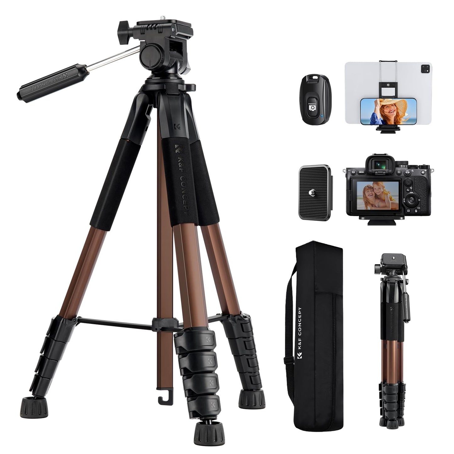 K&F CONCEPT Camera tripod S255A3+BV01, lightweight tripod with bag, 190 cm mobile phone tripod, tripod for Canon Nikon Sony camera/DSLR/camcorder, tripod for smartphone, travel tripod with mobile phone tablet holder (gold) - KF09.156
