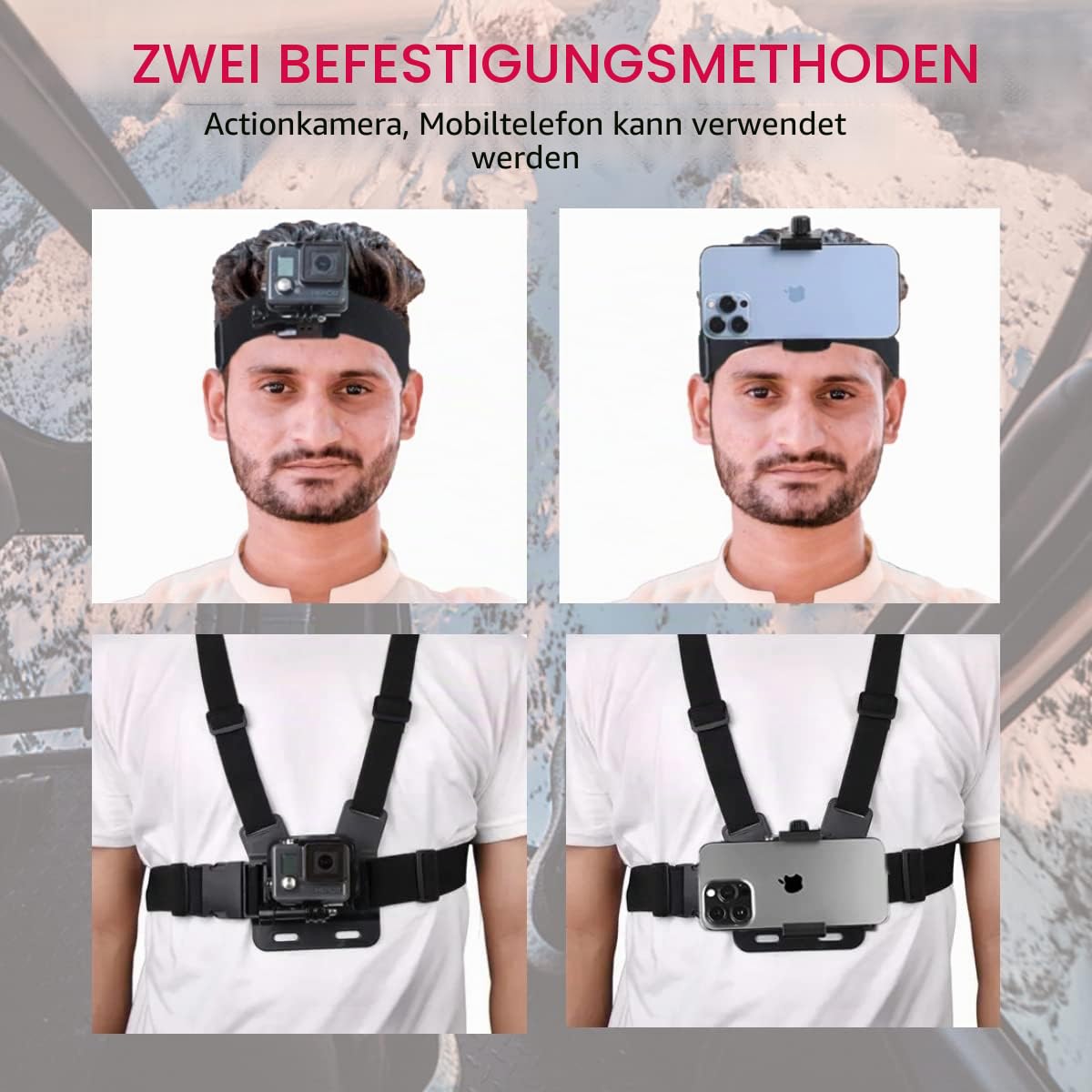 WLPREOE Mobile phone chest strap with head mount, chest mount head strap for iPhone & Samsumg, hands-free accessories for POV/VLOG, immersive film videos, YouTube, Tiktok - Chest Head Mount for GoPro - Wl203p-uk