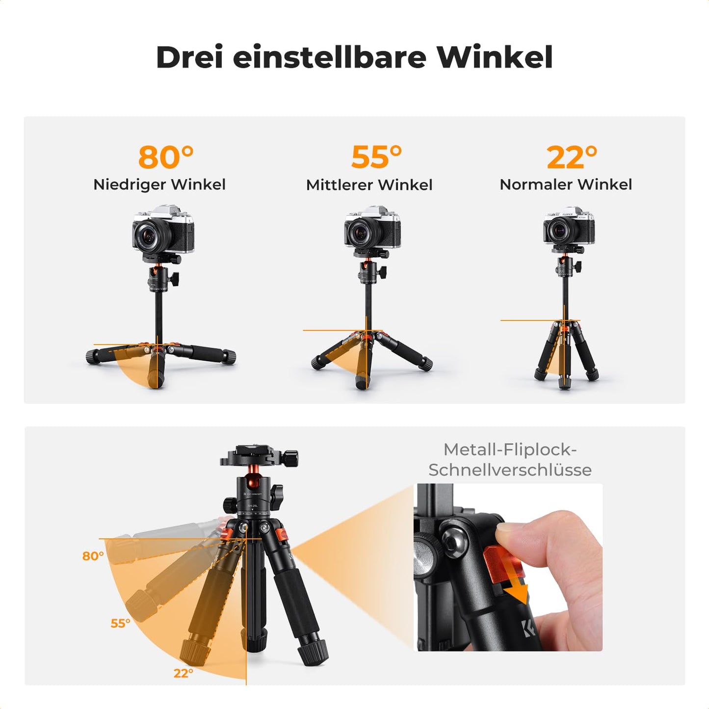 K&F CONCEPT Black-Orange Mini Tripod, 55cm Aluminum Camera Tripod with 360° Ball Head, Foldable Design for Easy Storage and Travel-Friendly, 1/4" Plate for DSLR/Smartphone, Max. Load 6kg - S225A0+BH-25L