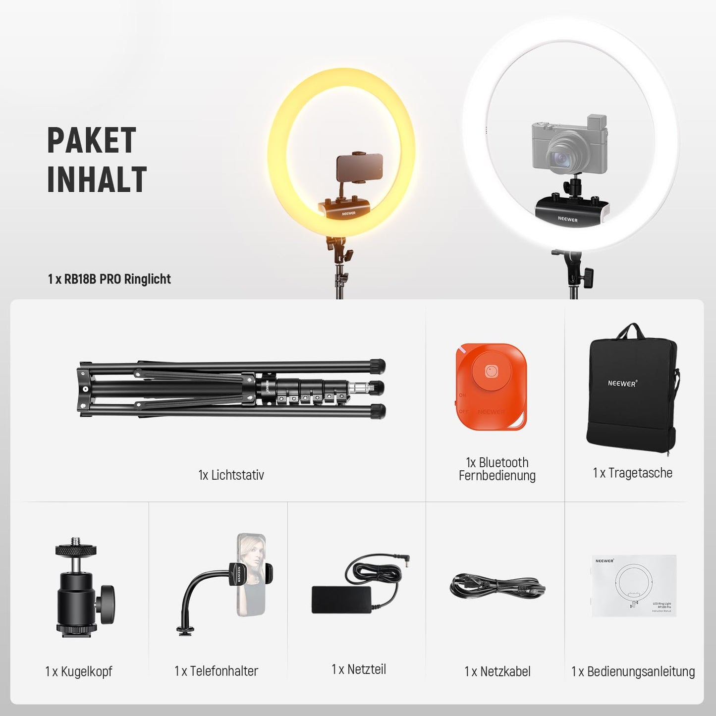 NEEWER Professional Ring Light with Stand and Phone Holder, 18" Thin, 45W 2900K-7000K TLCI98, Remote Shutter and App Control, Softer Lighting for Make up Live Stream TikTok, RP18B Pro White - 10103012