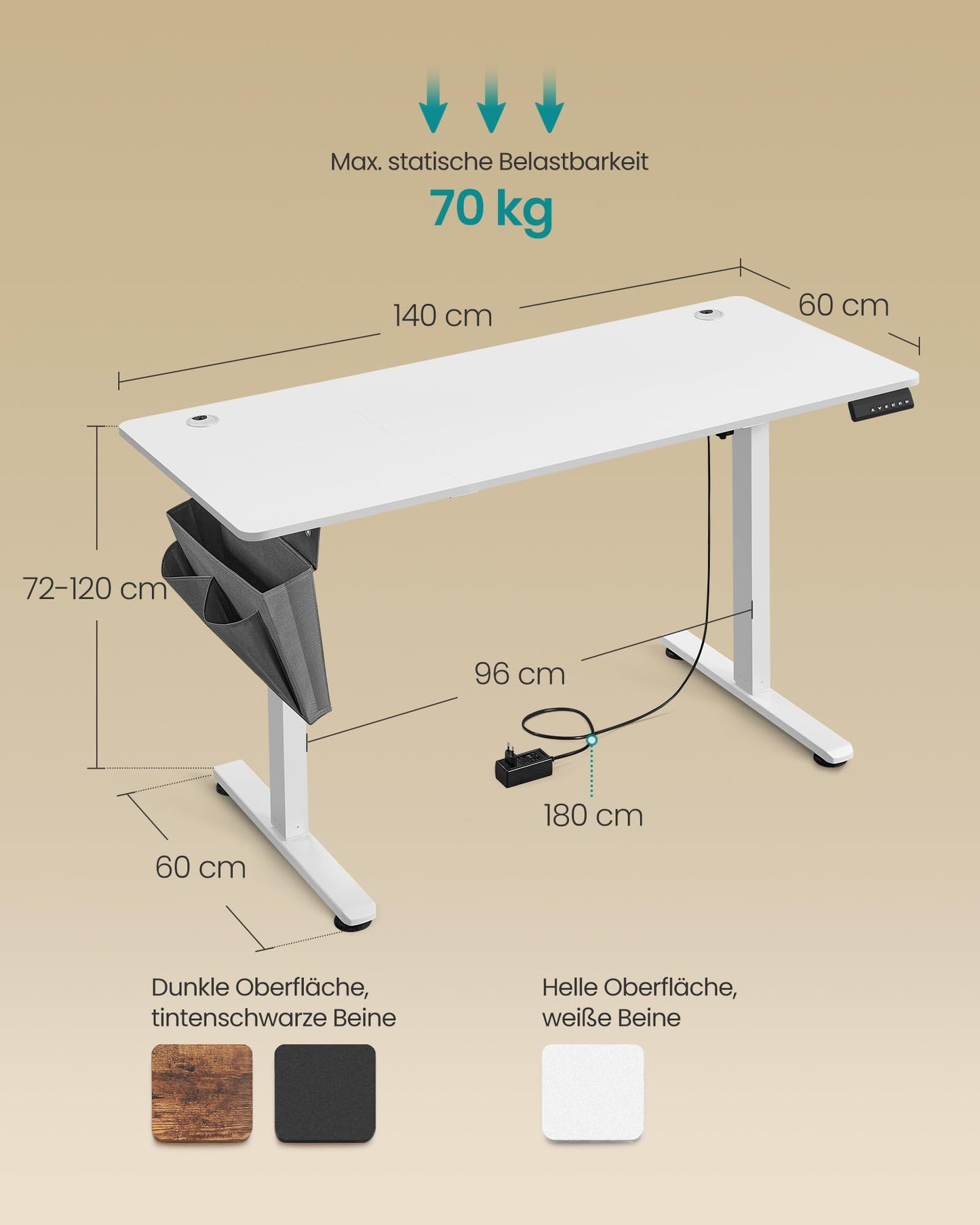 SONGMICS Electric height-adjustable desk, 140 x 60 cm, continuously adjustable, memory function with 4 heights, for office, cloud white LSD134W01 - LSD03X01