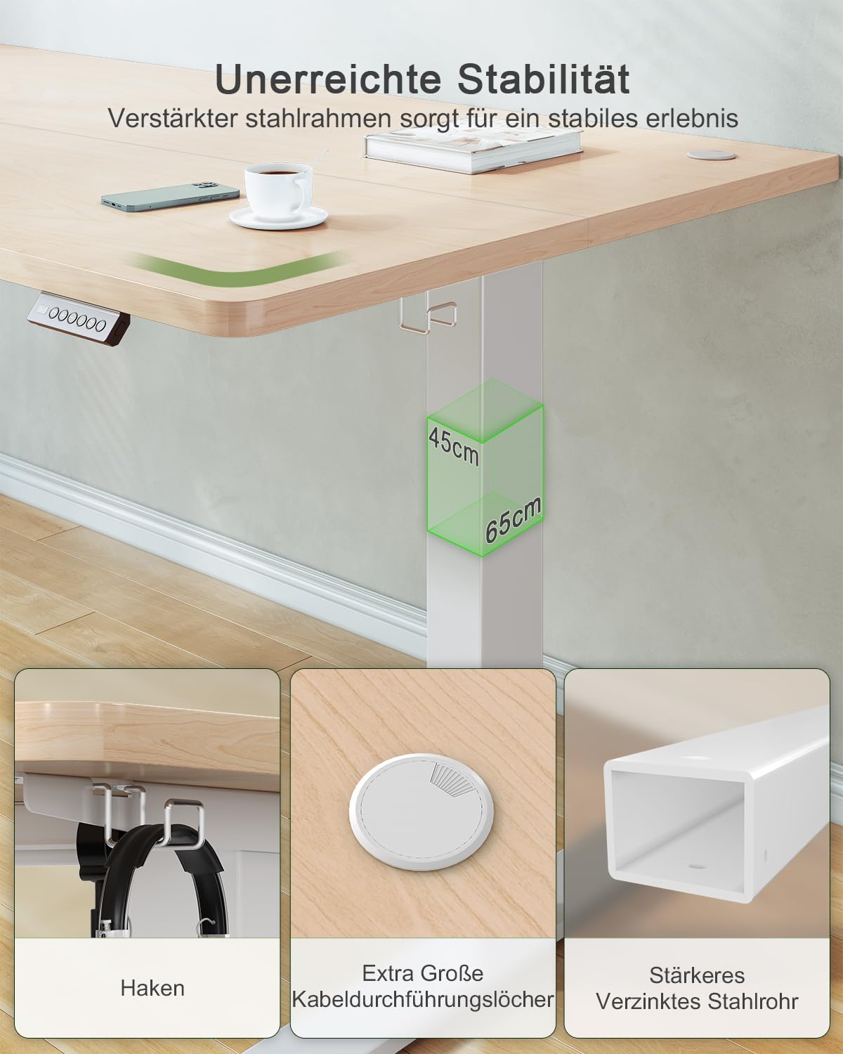 JUMMICO Birou reglabil pe înălțime cu port de încărcare USB, birou electric reglabil pe înălțime 80 x 60 cm, masă pentru șezut și stat, birou standing, masă de calculator reglabilă, birou standing, bej - 0403
