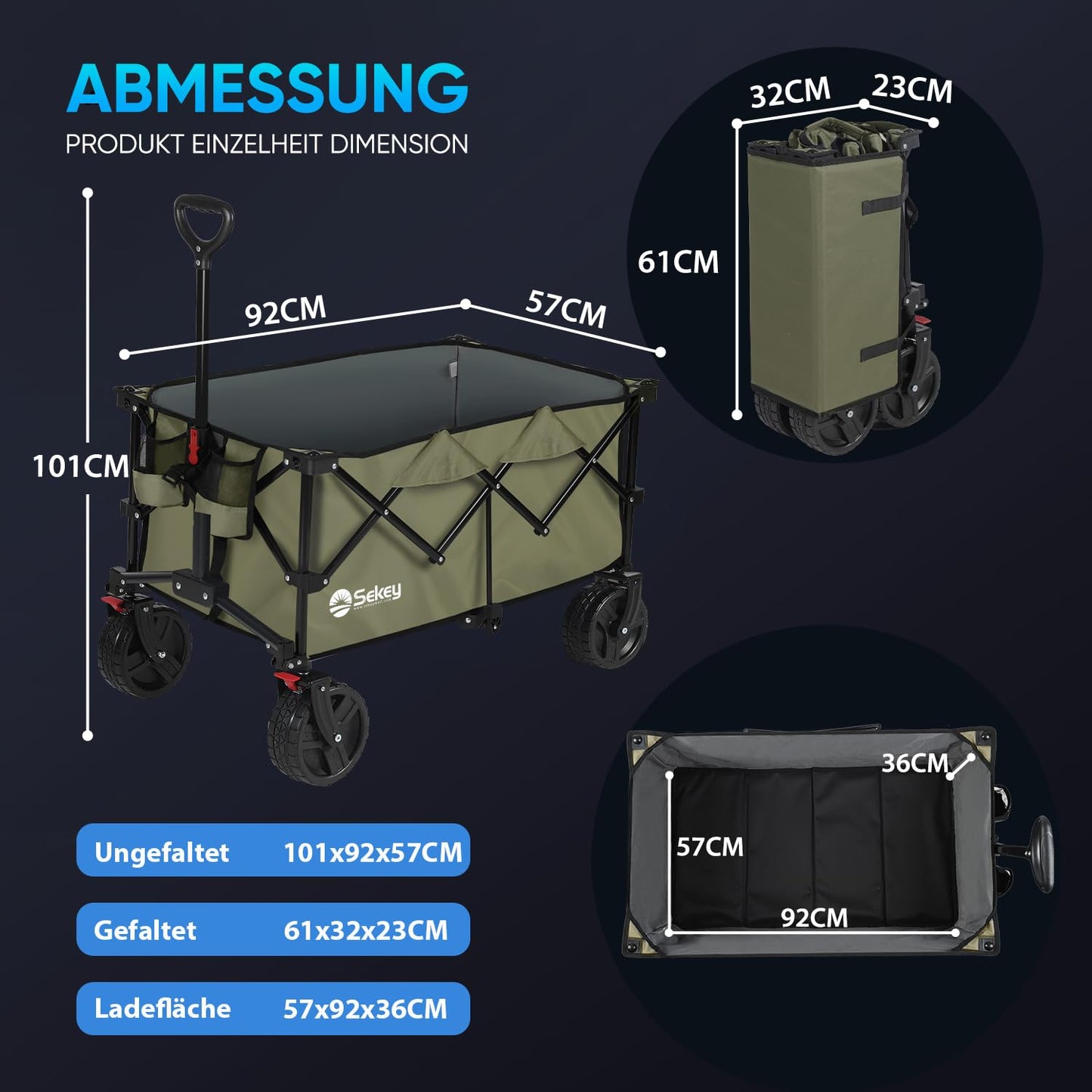 Sekey XXL Plus handcart foldable with brakes 200L 200KG load capacity, extra wide tires all terrain handcart, patented foldable from four directions, - FW27