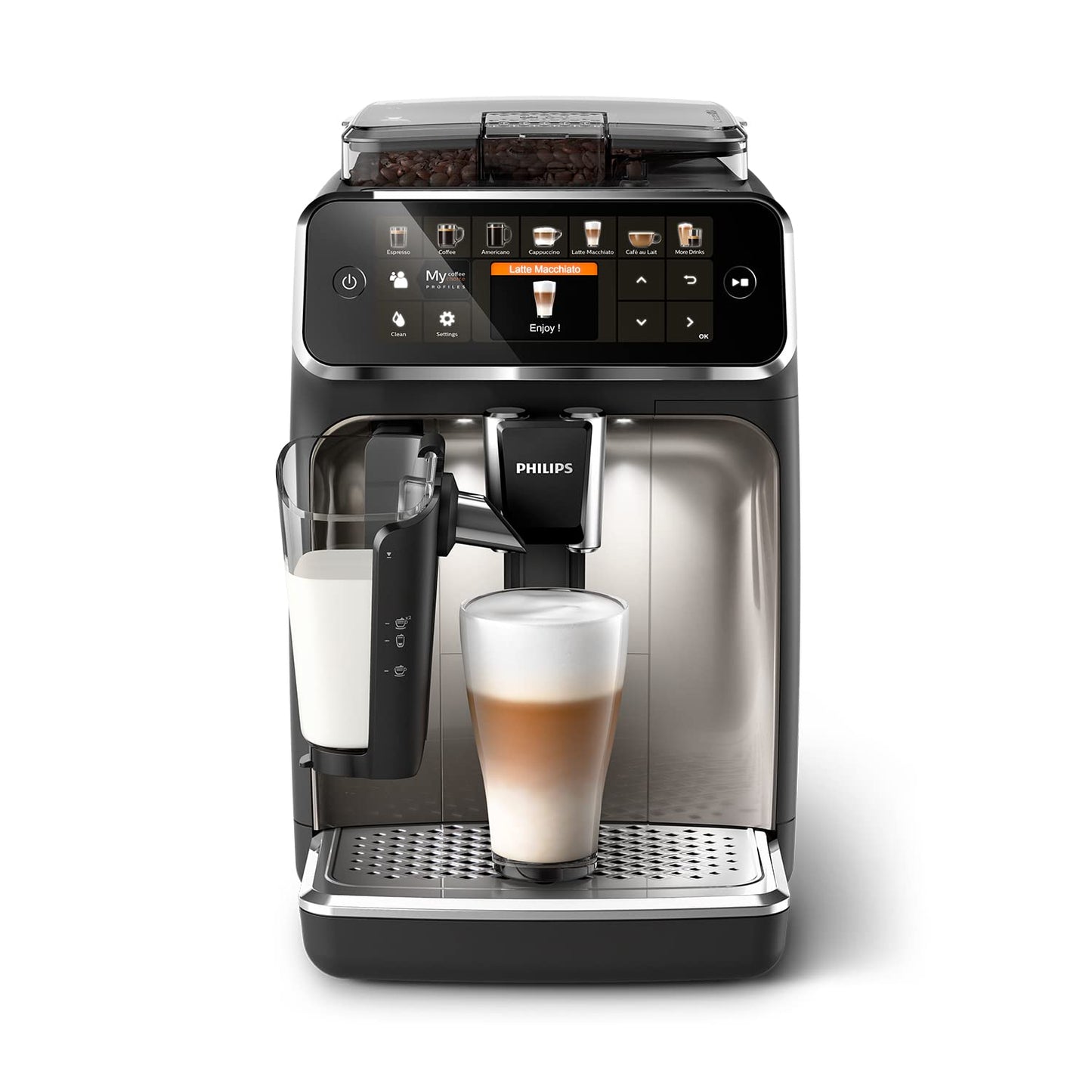PHILIPS Series 5400 fully automatic coffee machine - LatteGo, 12 drinks, milk frother, touchscreen, 4 profiles, chrome finish (EP5447/90)