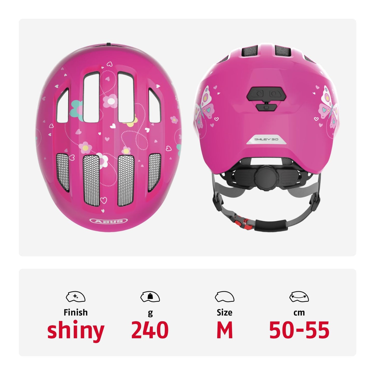 ABUS children's helmet Smiley 3.0 - bicycle helmet with a deep fit, child-friendly designs & space for a braid - for girls and boys - pink with butterfly pattern, size M - 67258