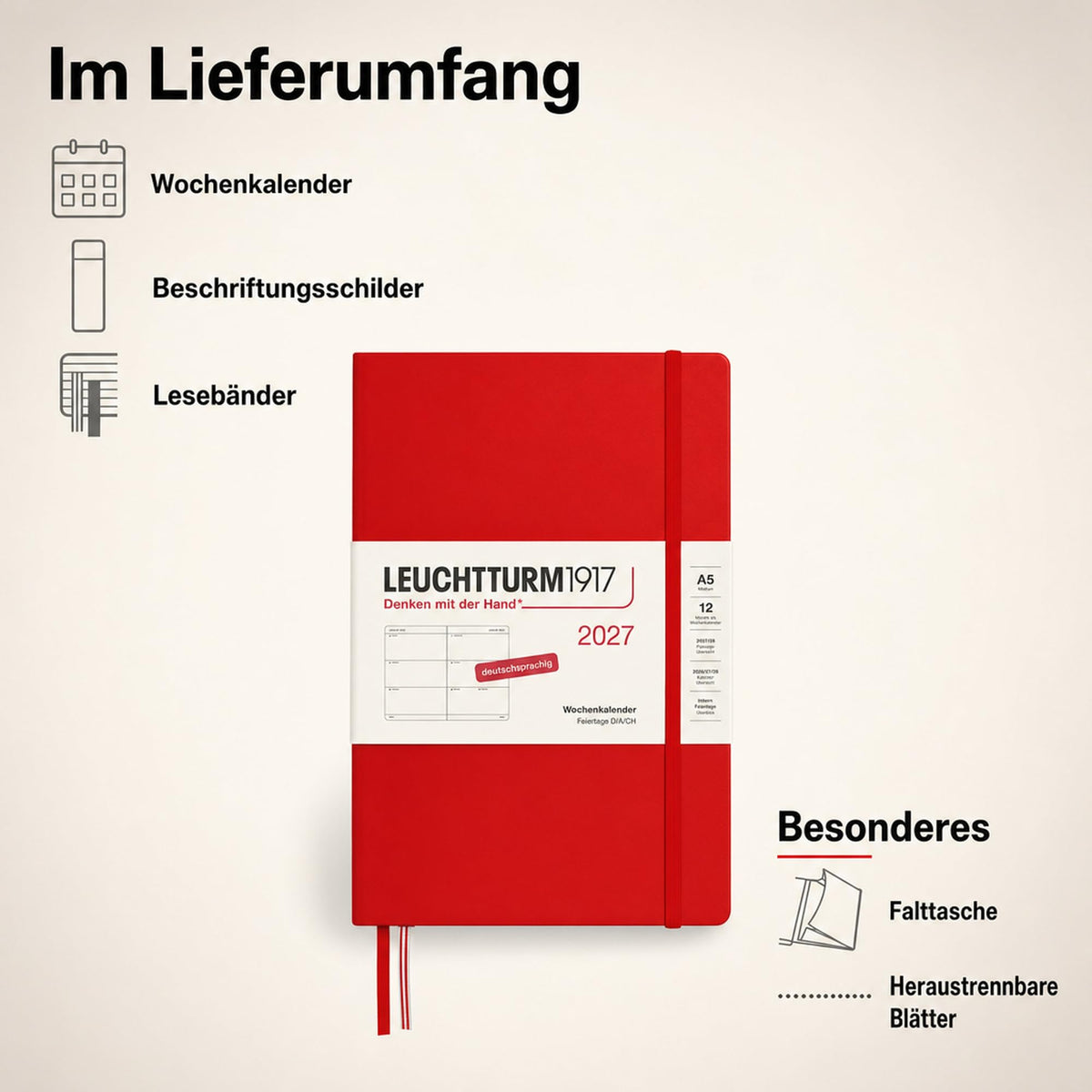 LEUCHTTURM1917 Calendar săptămânal 2027 Mediu (A5) - Germană, Cireș, Hardcover, 145 x 210 mm, 12 luni - ianuarie-decembrie 2027, 1 săptămână pe pagină dublă, hârtie de 80 g/m² cu compatibilitate ridicată cu cerneală - 400103