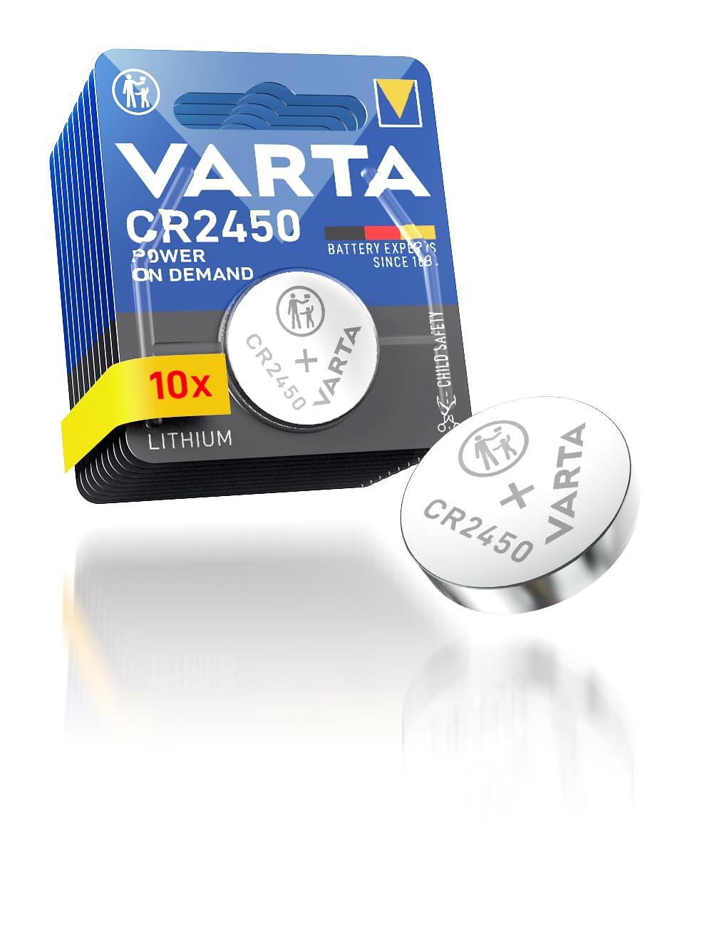 VARTA batteries button cells CR2450, 10 pieces, power on demand, lithium, 3V, safety-sealed packaging, for smart home devices, car keys and other applications - 6032101401