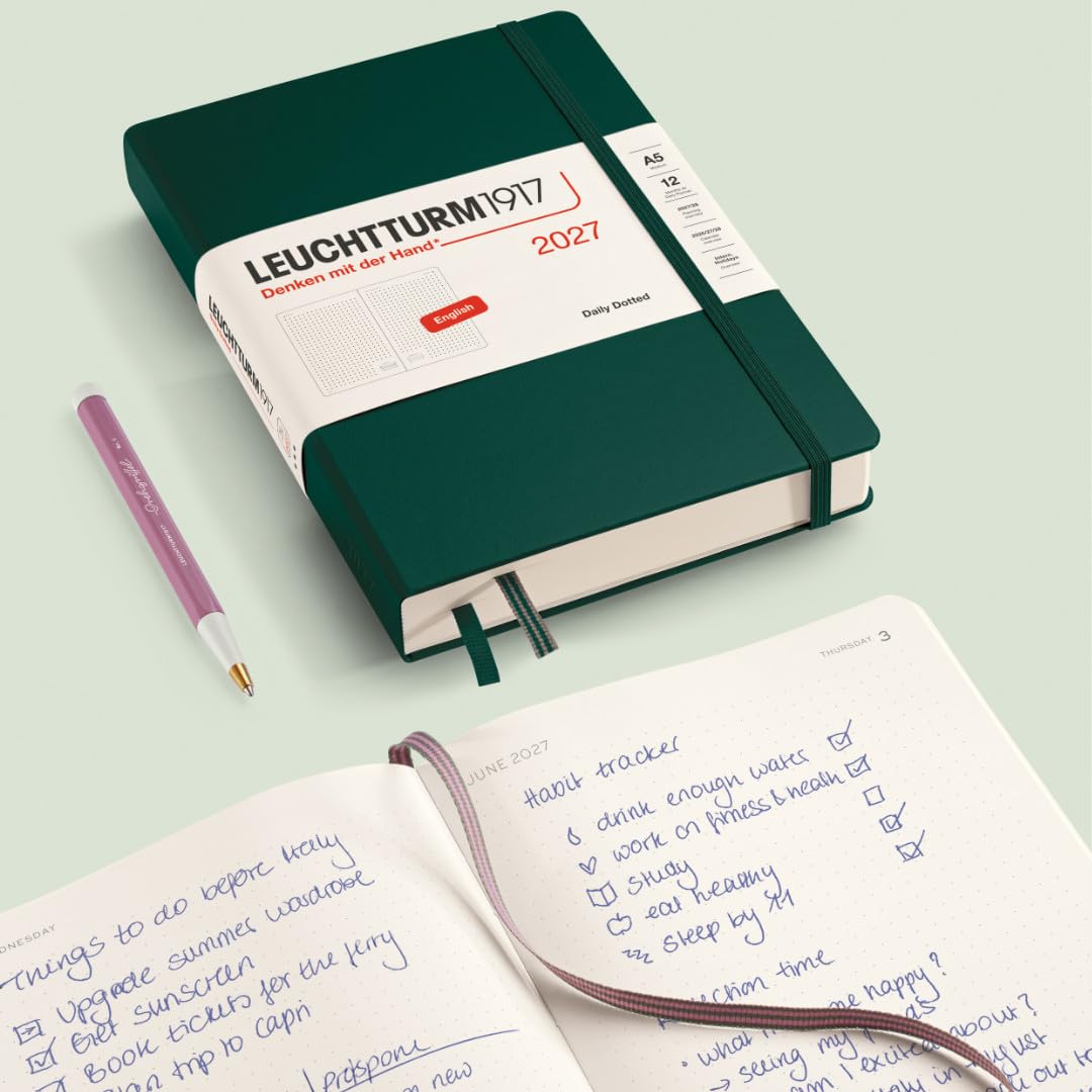 LEUCHTTURM1917 Daily Calendar 2027 Dotted Medium (A5) - English, Forest Green, 145 x 210 mm, January-December (12 months), 1 page per day, hourly grid 7:00-22:00, hardcover, 80 g/m² paper - 400336