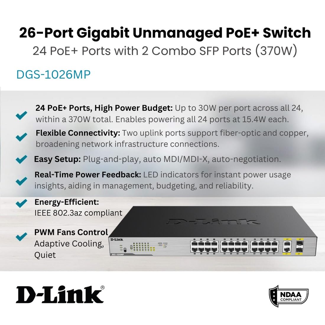 D-Link DGS-1026MP Layer2 PoE+ Gigabit Switch (26 ports, including 24 x 10/100/1000 Mbit/s PoE ports and 2 Gigabit Combo Uplink ports)