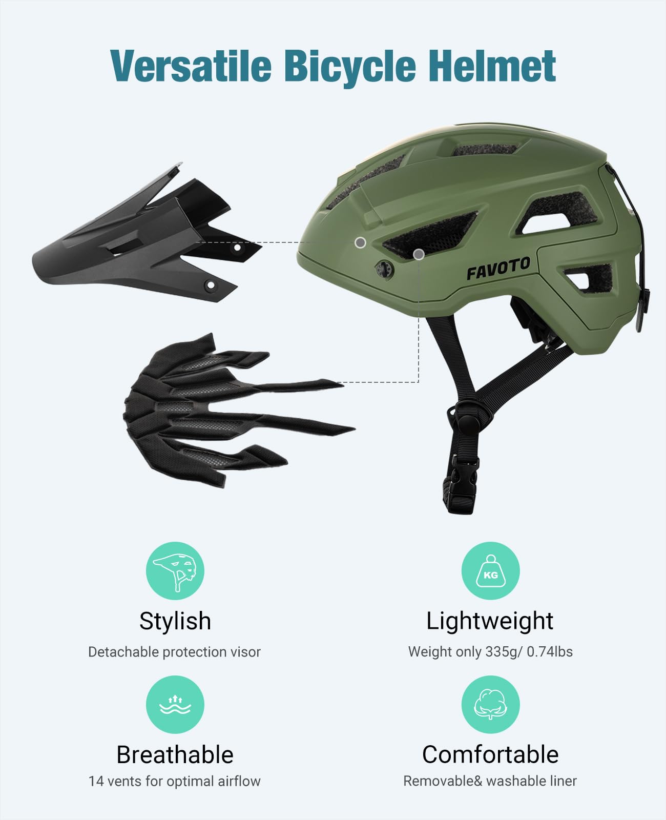Favoto Mountain Bike Helmet with Peak Lightweight - Double Inmould Technology MTB Helmet for Women Men Road Bike Helmet L (59-61cm) Adjustable Army Green - B025