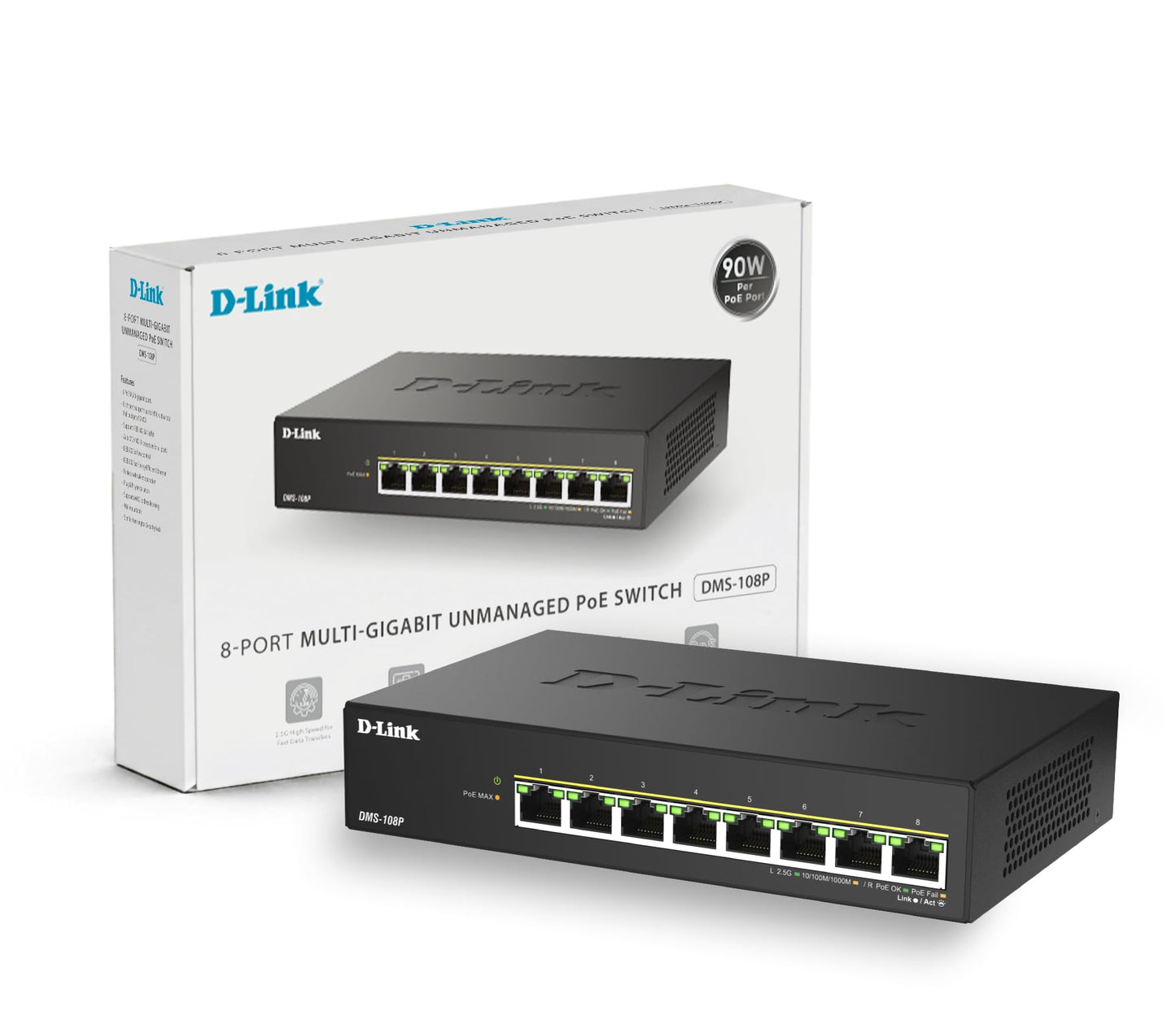D-Link DMS-108P 8-Port Multi-Gigabit Unmanaged PoE Switch - 2.5GbE, 230W PoE Budget, 802.3af/at/bt, Fanless, Plug & Play, Metal Housing, IGMP Snooping, QoS, Green Ethernet - DMS-108P/E