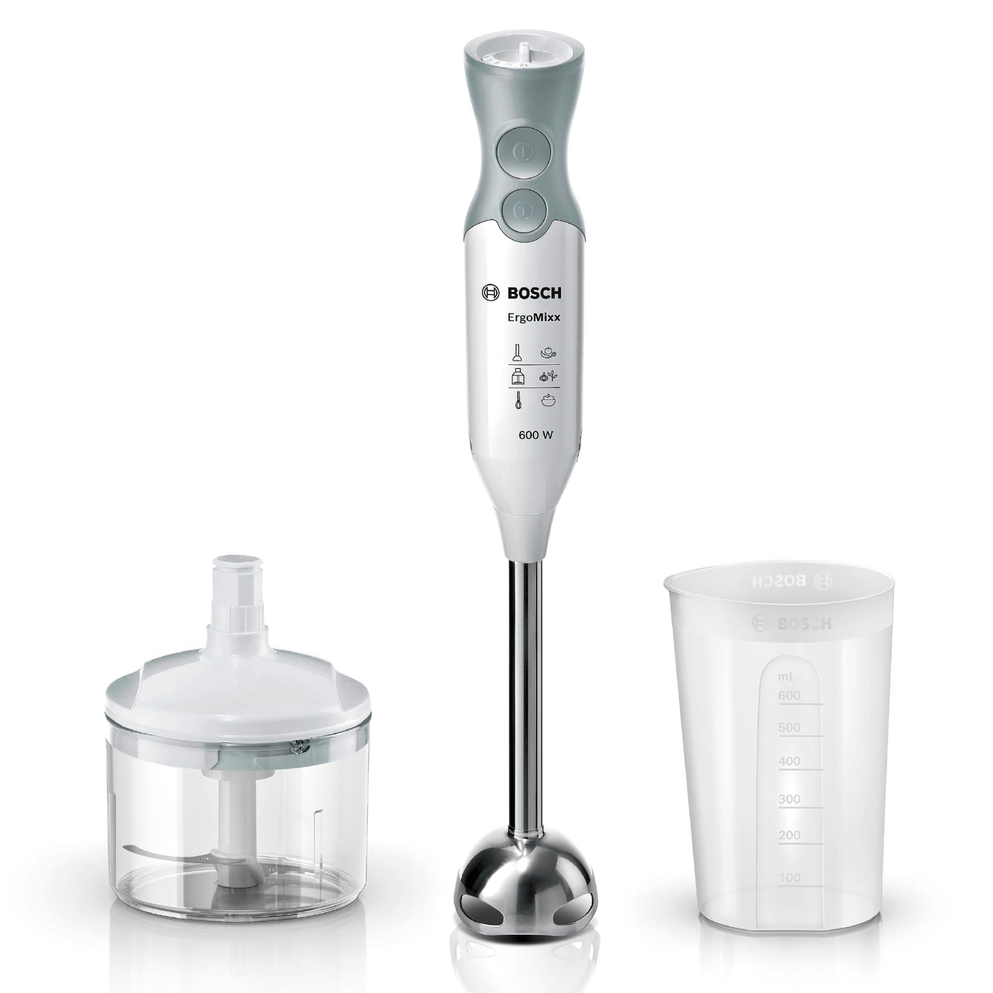 Blender de mână Bosch ErgoMixx, picior de amestecare din oțel inoxidabil, vas de mixare și măsurare, cuțit cu 4 lame, tocător, design ergonomic, 12 trepte plus Turbo, 600 W, alb/gri, MSM66120