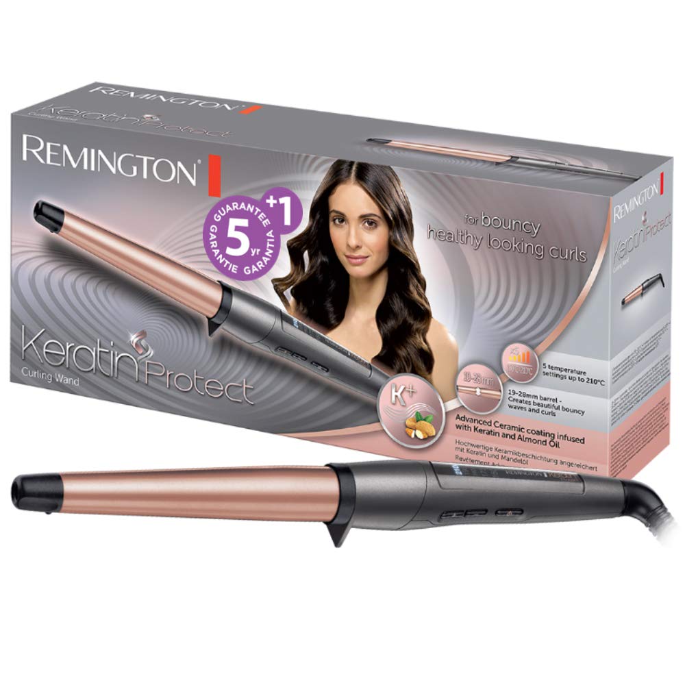 Remington Curling Wand [conical 19-28mm] Keratin Protect (high-quality ceramic coating with almond oil) - Digital display up to 210°C, natural curls, spiral curls & beach waves, CI83V6 - 45607560100
