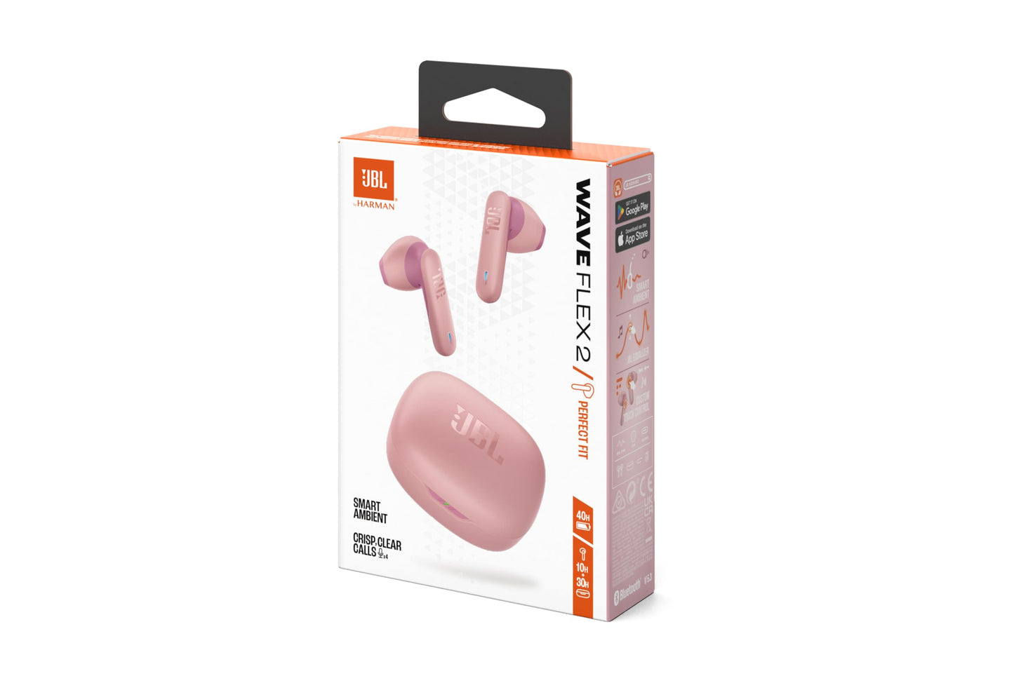 JBL Wave Flex 2, wireless Bluetooth in-ear headphones with 40 h playback time, JBL Pure Bass Sound, Smart Ambient technology, IP54 water and dust protected, multipoint connection, pink - JBLWFLEX2PIK