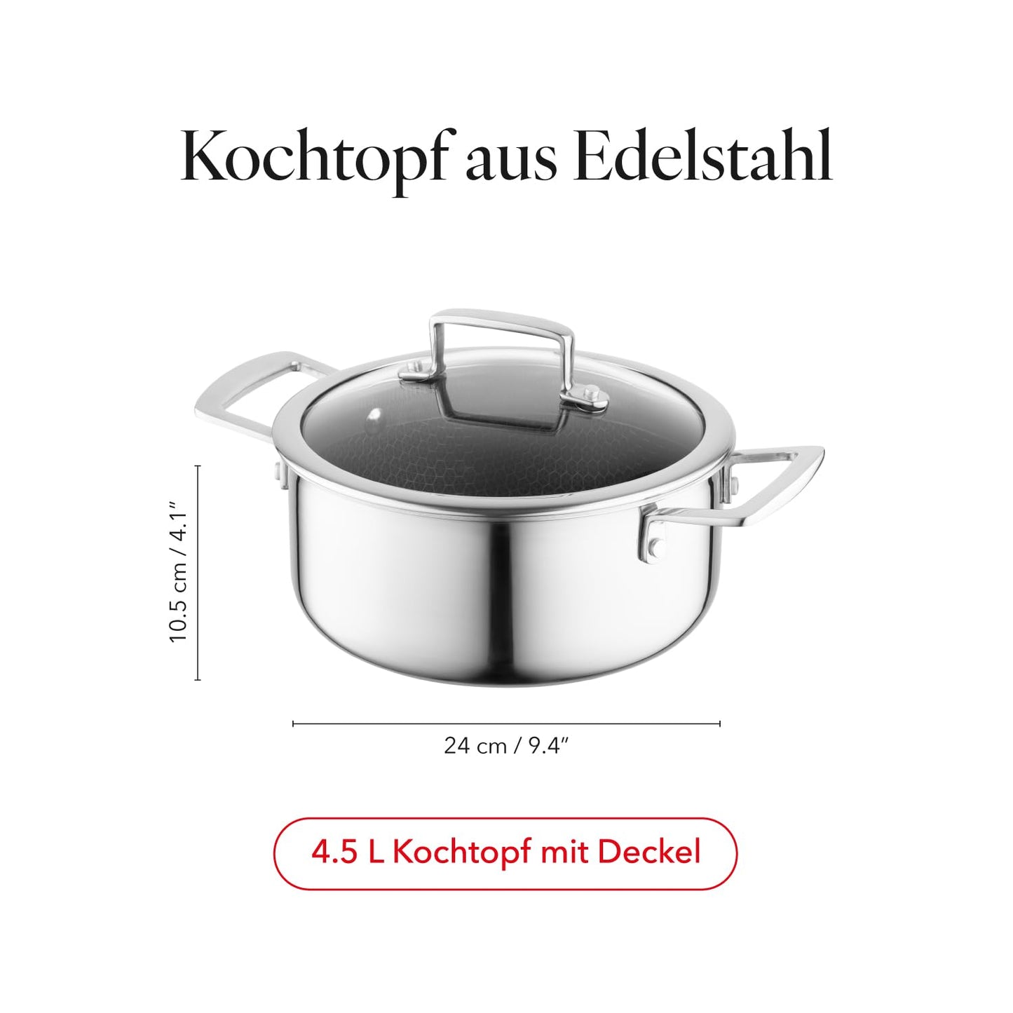 FLORINA ARISTO stainless steel pot with glass lid 4.5l 24 cm diameter | For induction, gas, electric, ceramic stoves | With honeycomb effect | You can bake it in the oven | Heat-resistant lid - 5G0057