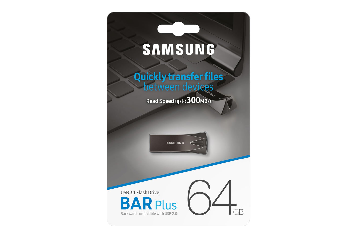 Samsung BAR Plus USB Flash Drive Type-A, 64GB, 200MB/s Read, 30MB/s Write, Durable USB 3.1 Memory Stick with Key Ring, Titan Gray, MUF-64BE4/APC