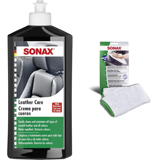 SONAX Leather Care Lotion (500 ml) water-repellent leather care with beeswax for gentle cleaning & microfiber cloth for upholstery and leather for lint-free vehicle interior cleaning (40x40 cm)