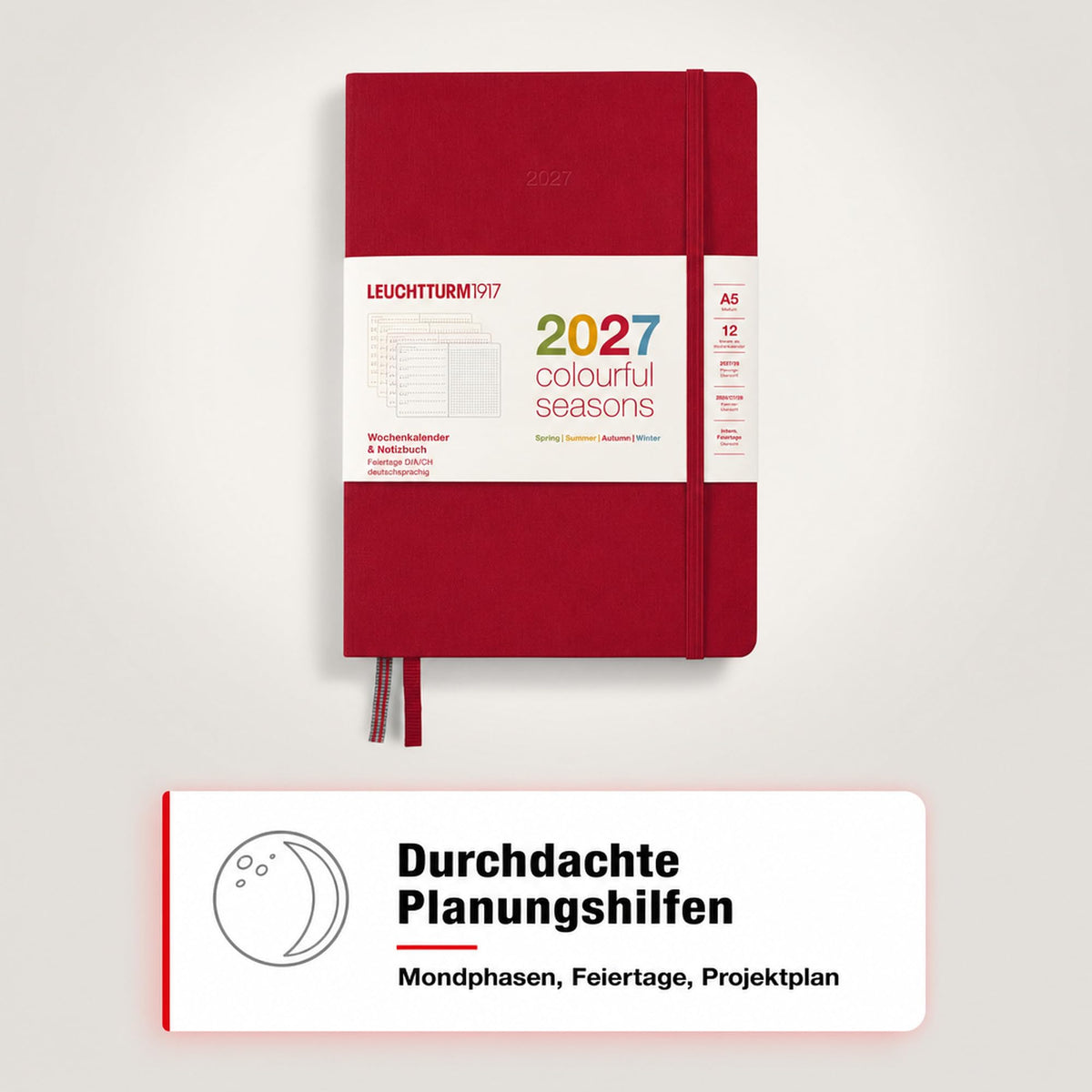 LEUCHTTURM1917 Calendar săptămânal și caiet cu punct mediu (A5) 2027, anotimpuri colorate roșu, engleză, cartonat, prezentare generală a calendarului 2026/2027/2028, prezentare generală a planificării 01.27-12.28, planificator de proiecte, buzunar