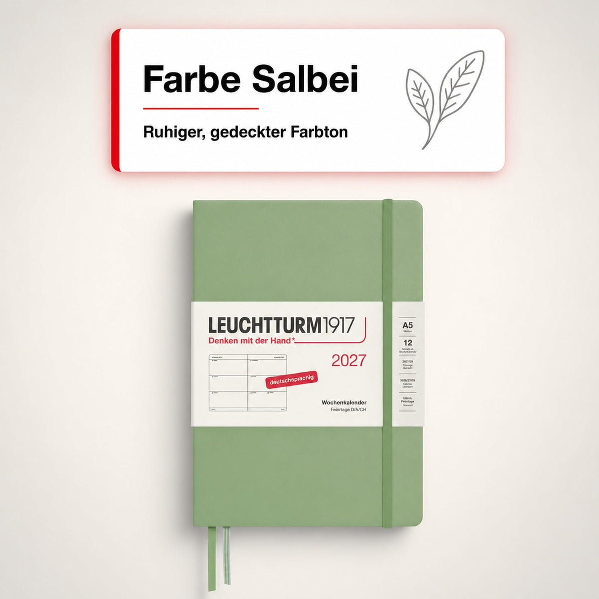 LEUCHTTURM1917 Calendar săptămânal 2027 Mediu (A5) - Germană, Salvie, Hardcover, 145 x 210 mm, 12 luni - ianuarie-decembrie 2027, 1 săptămână pe pagină dublă, hârtie de 80 g/m² cu compatibilitate ridicată cu cerneală - 400105