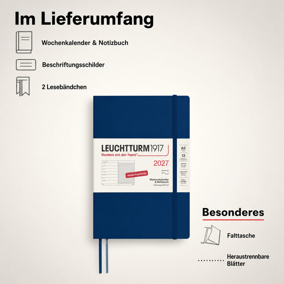 LEUCHTTURM1917 calendar săptămânal 2027 mediu (A5) cu caiet - planificator de întâlniri germană, marină, copertă moale, ianuarie-decembrie 2027, prezentare săptămânală în stânga + pagina de note în dreapta - 400075