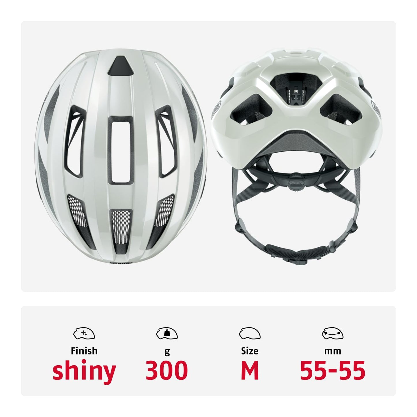 ABUS road bike helmet Macator - sporty bike helmet for beginners - also for pigtail wearers - for women and men - glossy white, size M - 67332