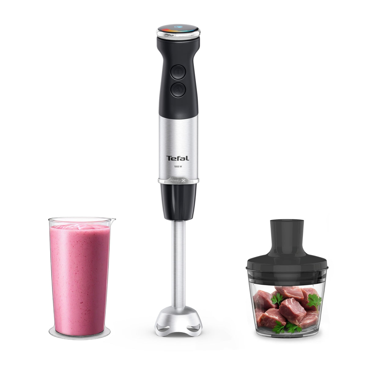 Tefal Quickchef+ 2-in-1 Mixeur plongeant și tocător, 1000 W, control intuitiv al vitezei, buton Turbo, protecție împotriva stropilor, tehnologie Powelix, oțel inoxidabil, negru, HB672830