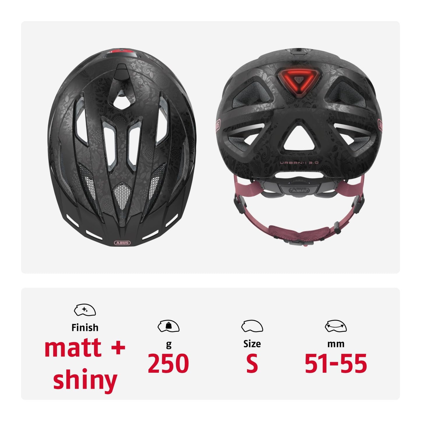 ABUS city helmet Urban-I 3.0 - bicycle helmet with rear light, peak and magnetic fastener - for men and women - black with floral pattern, size S - 40190