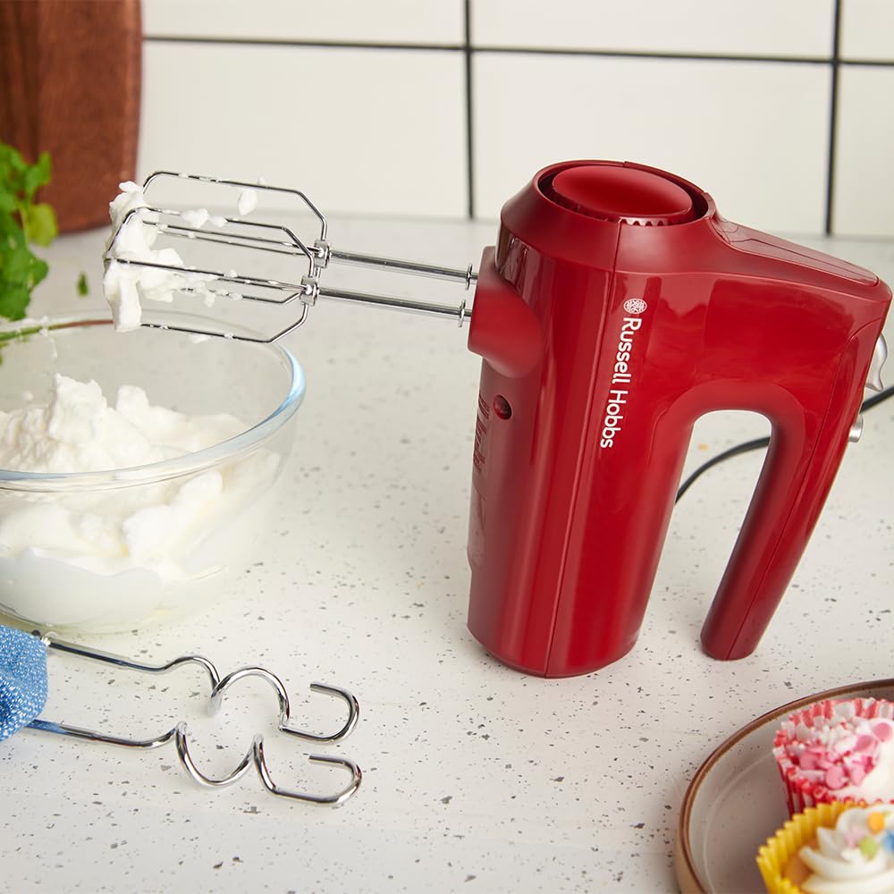 Russell Hobbs Hand Mixer, Red, 350 Watt, with Whisk and Dough Hooks - 27152-56