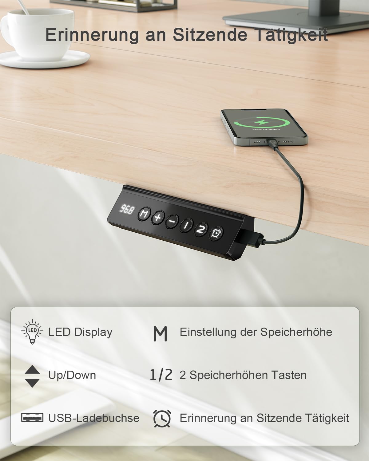 JUMMICO Birou reglabil pe înălțime cu port de încărcare USB, birou electric reglabil pe înălțime 80 x 60 cm, masă pentru șezut și stat, birou standing, masă de calculator reglabilă, birou standing, bej - 0403