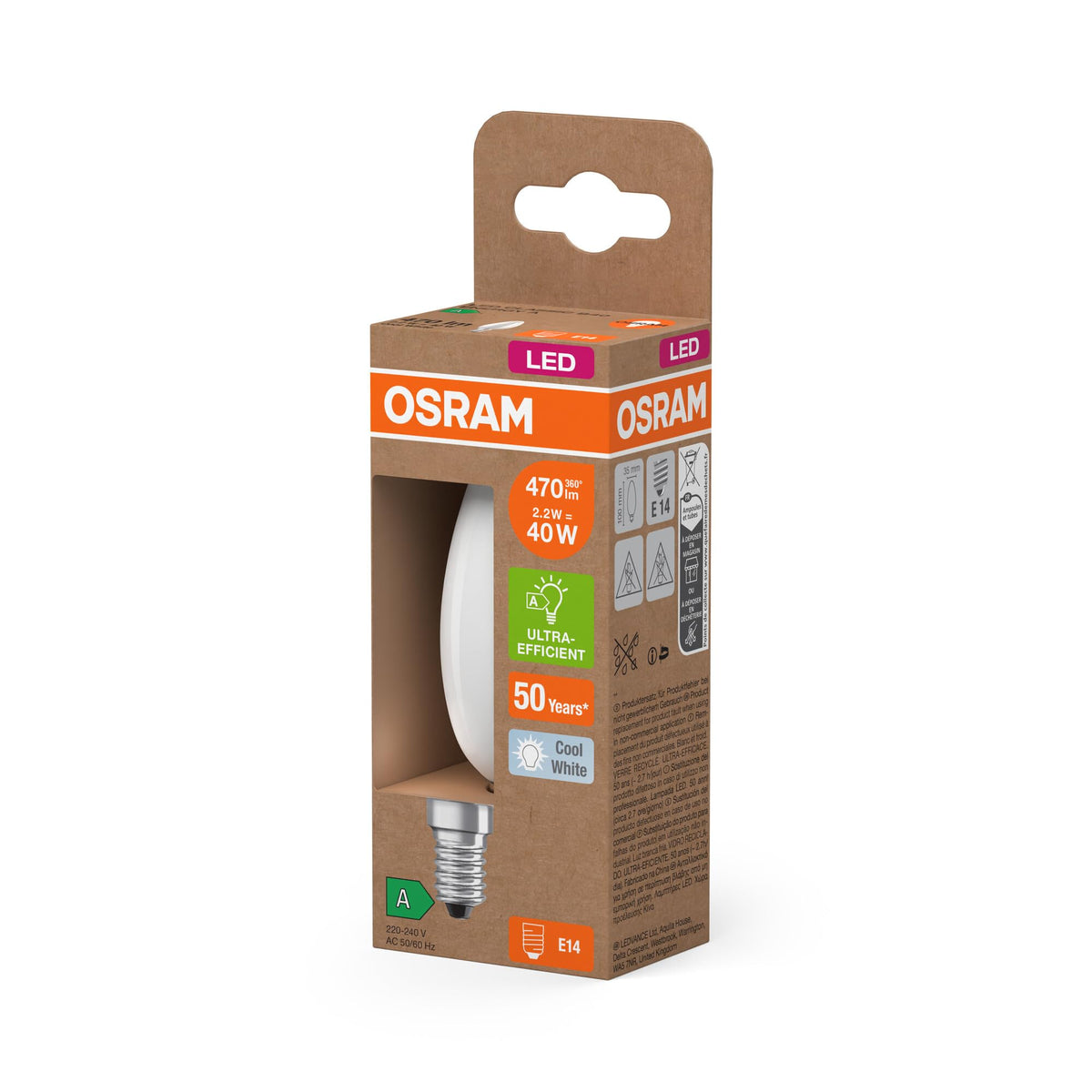 Osram Energy Class LED-Lampă în formă clasică de mini lumânare, 2.2 W / 470 lm, EEK A, lumină albă rece (4000 K), CRI 80, din sticlă mată fără plumb, soclu E14, IP20, 35 mm DM, 6-Pack - 4099854255649
