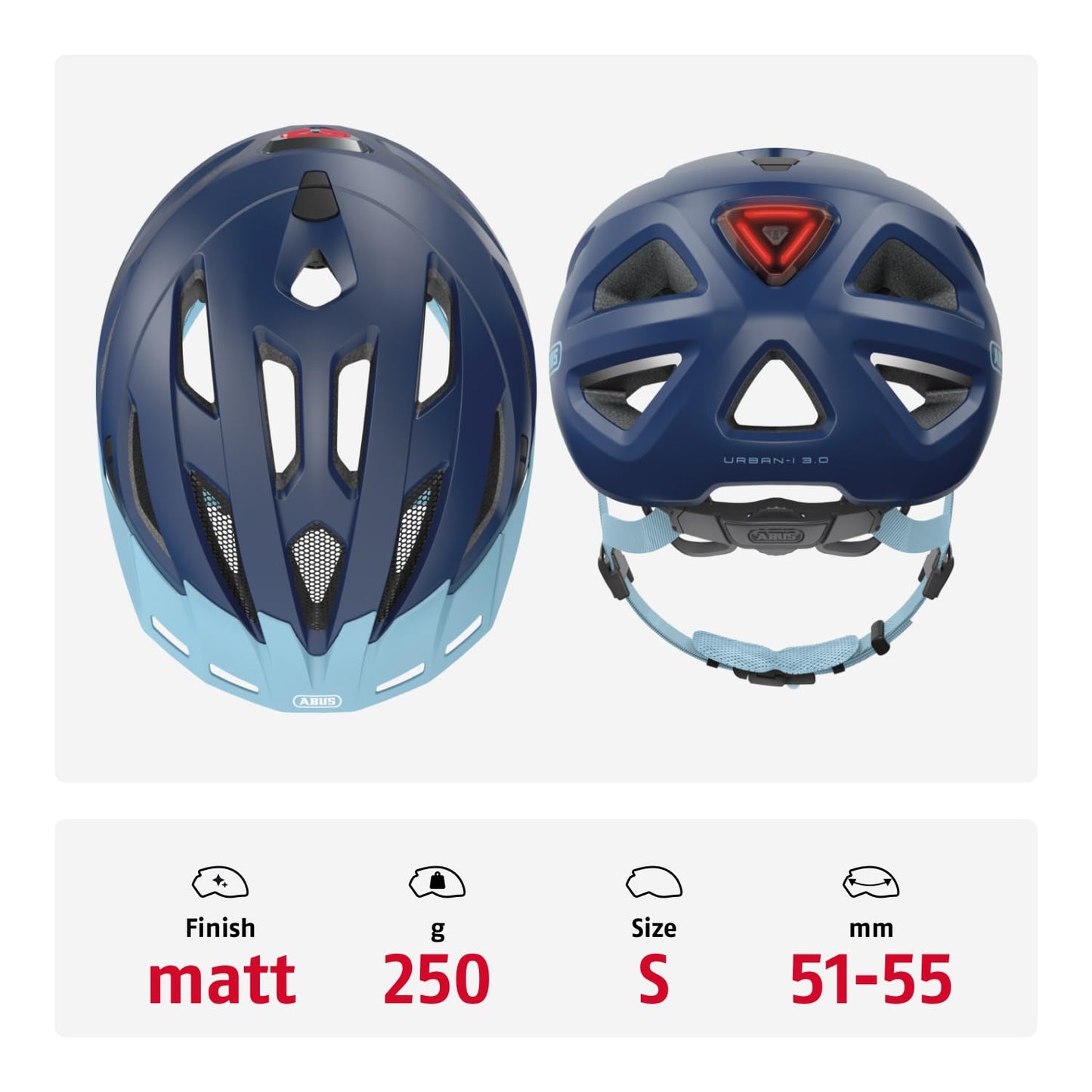 ABUS city helmet Urban-I 3.0 - bicycle helmet with rear light, peak and magnetic fastener - for men and women - dark blue, size S - 86878