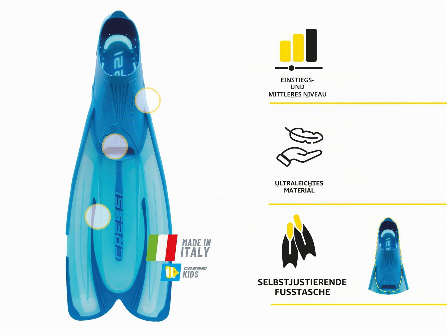 Cressi Agua Fins Swimming Fins - Adjustable Foot Section for Diving - Ergonomic Short Fins Adults & Children - Durable Fin Material - Yellow - 35/36 - CA206343