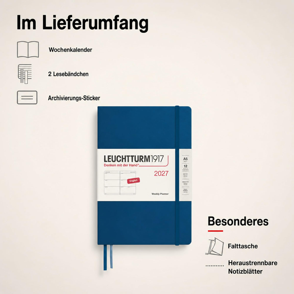 LEUCHTTURM1917 Calendar săptămânal 2027 Mediu (A5) - Engleză, Indigo, Hardcover, 145 x 210 mm, 12 luni - ianuarie-decembrie 2027, 1 săptămână pe pagină dublă, hârtie de 80 g/m² cu compatibilitate ridicată cu cerneală - 400274