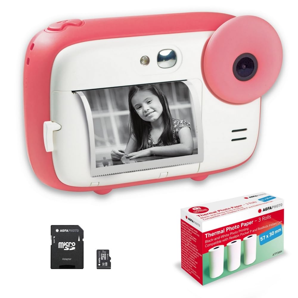 AGFA Photo Realikids Instant Cam + 1 Micro-SD Card 32 GB + 3 Rolls of Thermal Paper ATP3WH – Instant Camera for Kids, 2.4 Inch LCD Display, Selfie Mirror and Photo Filters – Pink - REALKIDS